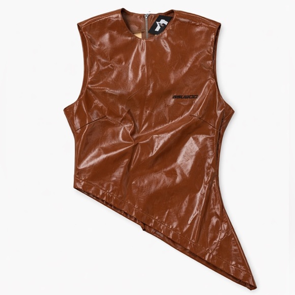 GSUWOO Tops - So Real GSUWOO Brown Patent Faux Leather Asymmetrical Tank Top size Small